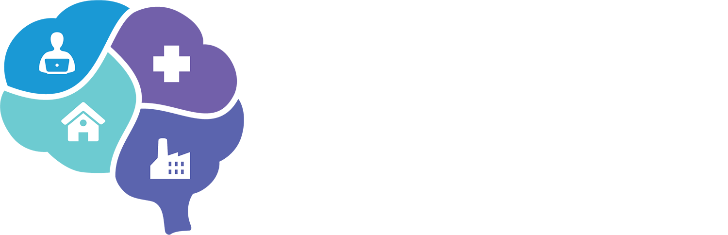 Mental Health in the Workplace white text Logo with brain and images