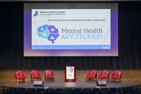empty stage with mental health in the workplace on the slide