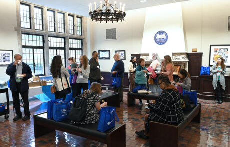 group of people socializing in lounge area